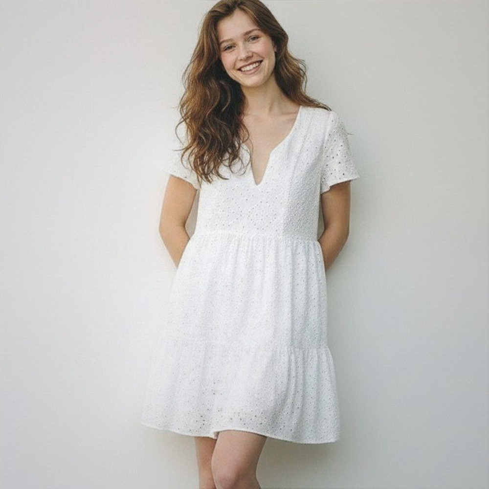 Knox Rose Womens White Eyelet Tiered Mini Dress V-Neck Short Sleeve Lined Large